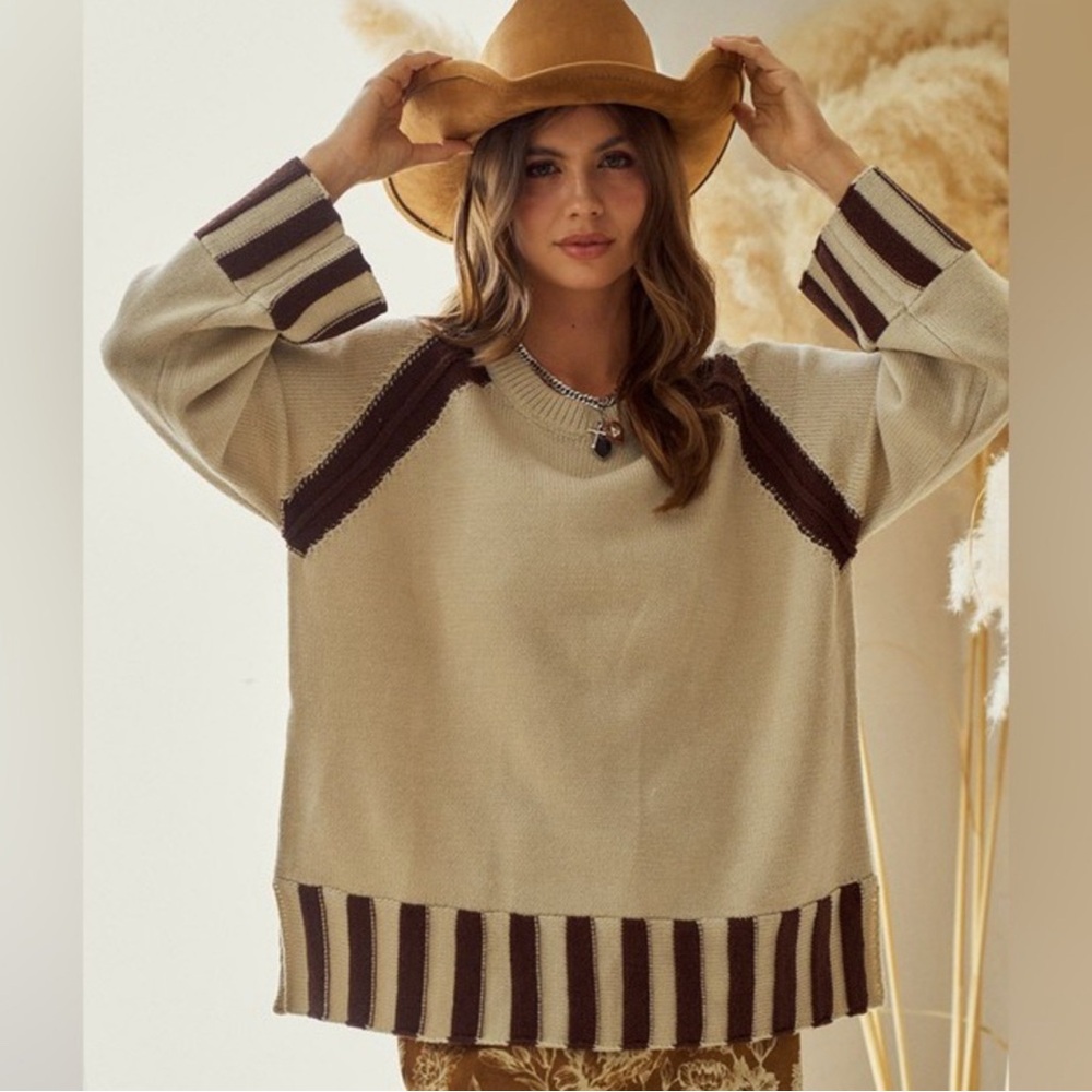 Cream & Brown Striped Relaxed Fit Knit Sweater Western Boho Cozy Knit - Picture 3 of 6